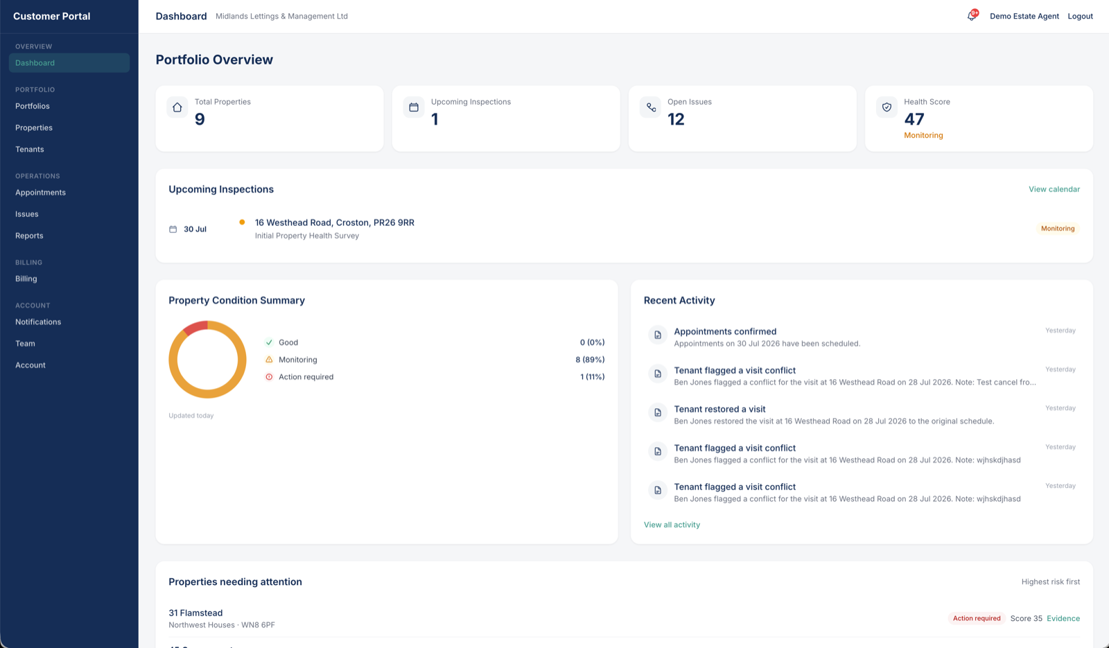Customer Portal portfolio overview showing property health scores, inspections and recent activity
