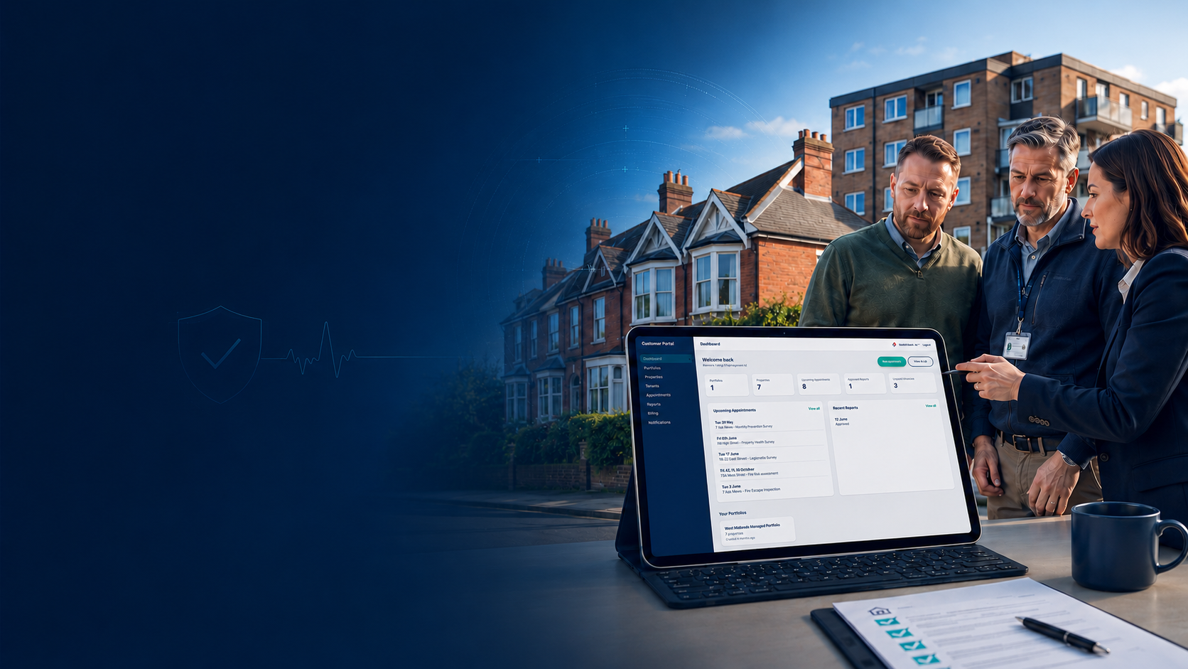 Landlords reviewing a property health report on a tablet
