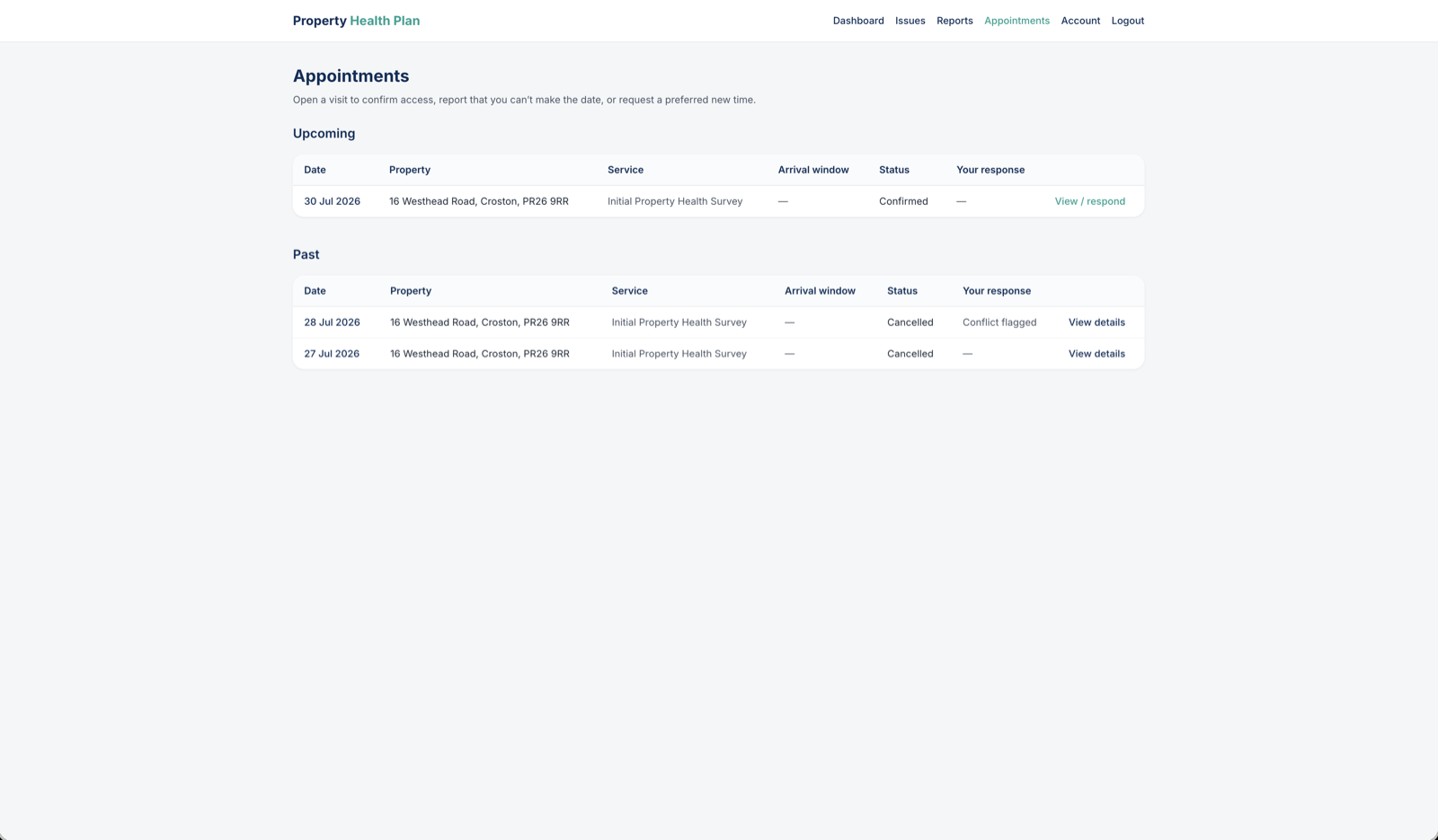 Tenant Appointments page showing upcoming and past survey visits with confirm and conflict options